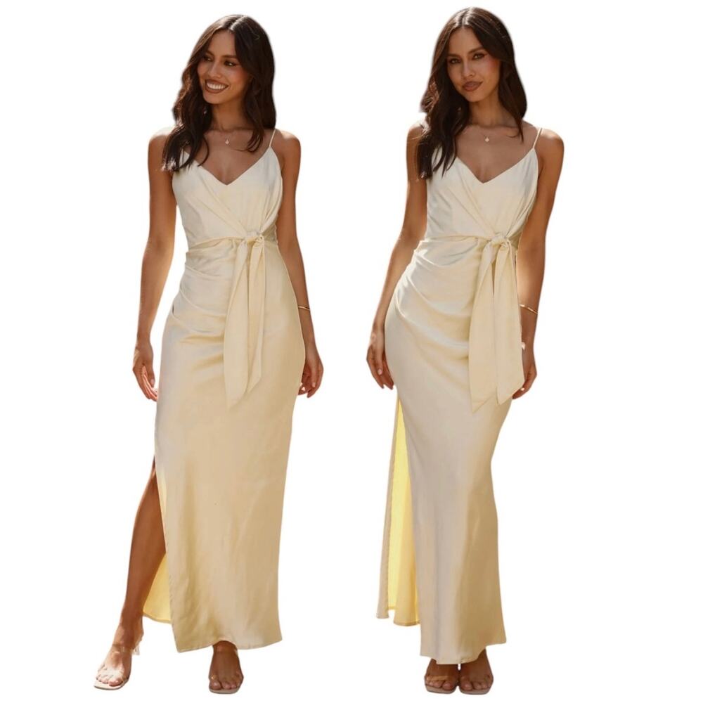 BILLY J Yasmeen Tie Front Maxi Dress Satin Yellow Size US 4 Formal Bridesmaid